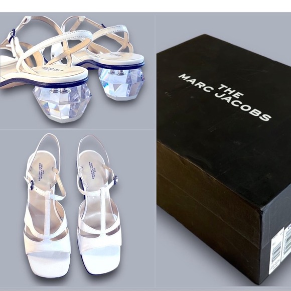 MARC JACOBS The Gem Sandal White leather T Strap Faux Diamond Heels SZ 8 NWT - Picture 1 of 15